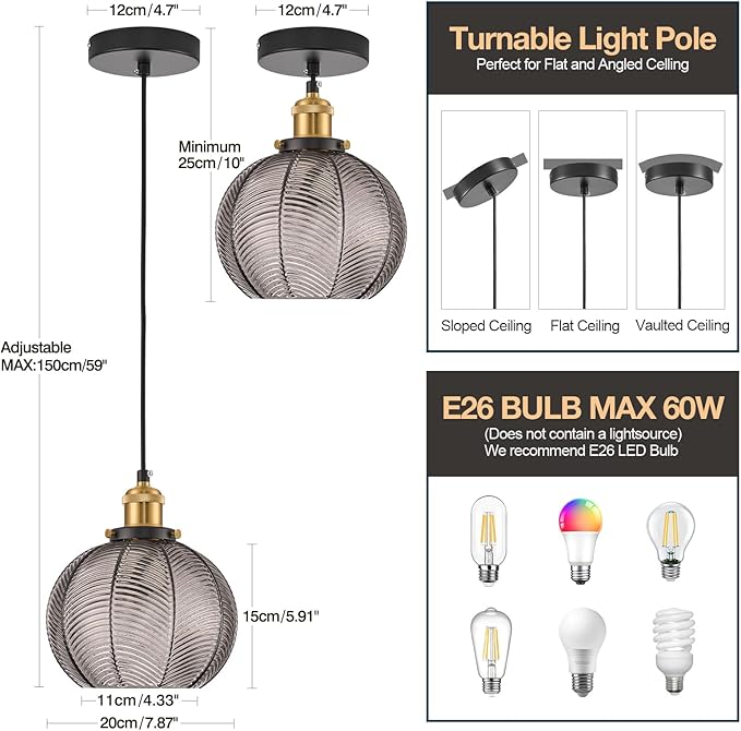 7.8in Vintage Pendant Light 2- Light Kitchen Sink Pendant Lights with Smoke Sray Hand Blown Glass Small Hanging Lamp for Kitchen Island Dining Room Bedroom Bathroom Hallway E26