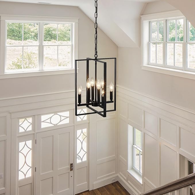 12.79" Black Chandelier 8-Light Modern Farmhouse Chandeliers for Dining Room Light Fixture Rustic Adjustable Pendant Light Fixtures Vintage Chandelier for Foyer Kitchen Entryway Living Room E12