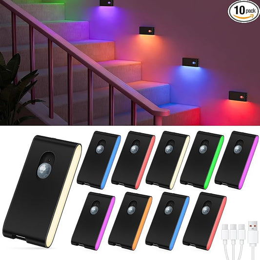 WILLED Motion Sensor Light Indoor, RGB & Warm White Motion Sensor Night Light, Rechargeable Stair Lights Indoor, Color Changing Night Light for Stair,Hallway,Bathroom,Cabinet,Kitchen,10 Pack