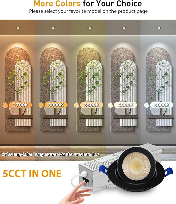 Adetu 2 Inch 5CCT Gimbal Black Led Recessed Lighting with Junction Box, 360°+90° Adjustable Recessed Lights, 2700K/3000K/3500K/4000K/5000K Selectable, 5W Eqv 50W, 550LM Brightness - ETL(Black, 8 Pack)
