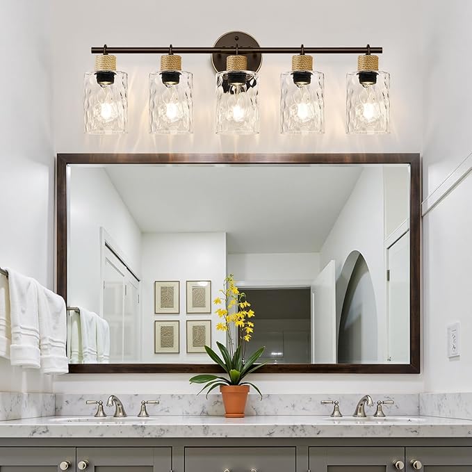 MOKATNG Bathroom Light Fixtures, 5-Light Coastal Vanity Lights with Crystal Glass Shade, Oil-Rubbed Bronze Bathroom Wall Lamp for Mirror Kitchen Hallway Cabinet
