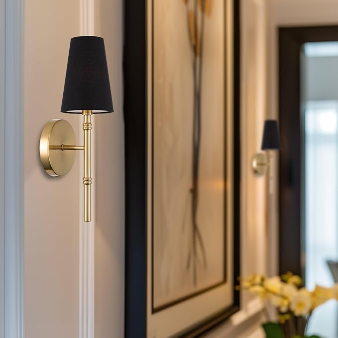 Kira Home Torche II 15" Petit Mid Century Modern Gold Wall Sconce with Tapered Black Linen Shade, Gold Wall Light with Slim Black Cone Shade, Cool Brass Finish