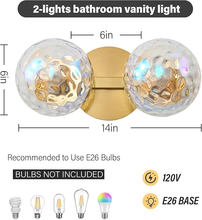 Gold Bathroom Vanity Light Fixtures: Modern Wall Scones With 2 Hammered Stained Glass Shades - Globe Makeup Lighting Fixture over Mirror - Brass Ball Powder Room Vanities Lights for Hallway Bedroom