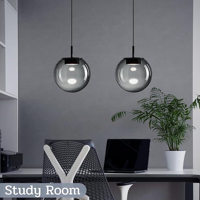Advanced 3CCT Smoke Glass Pendant Light, Built-in LED Panel for Ultra-Even, Glare-Free Lighting, Modern Design and Stylist Fixture for Kitchen Island, Dining Table and Bedside(7.9in, 1-Pack)
