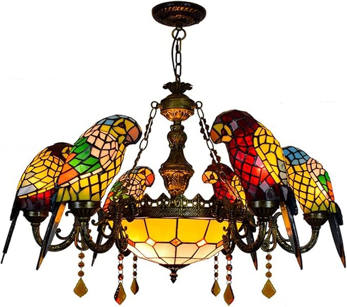 Tiffany-Style Victorian 6-Light Parrot Chandelier, European Red Dragonfly Stained Glass Multi-Head Pendant Lamp Fixture Ceiling Hang Light for Living Room Villa Dining Room,Parrot