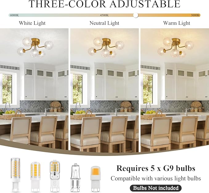 Sputnik Semi Flush Mount Ceiling Light Mid Century Modern Gold Ceiling Light 5 Lights Clear Glass Globe Chandelier for Bedroom Kitchen Entryway Closet