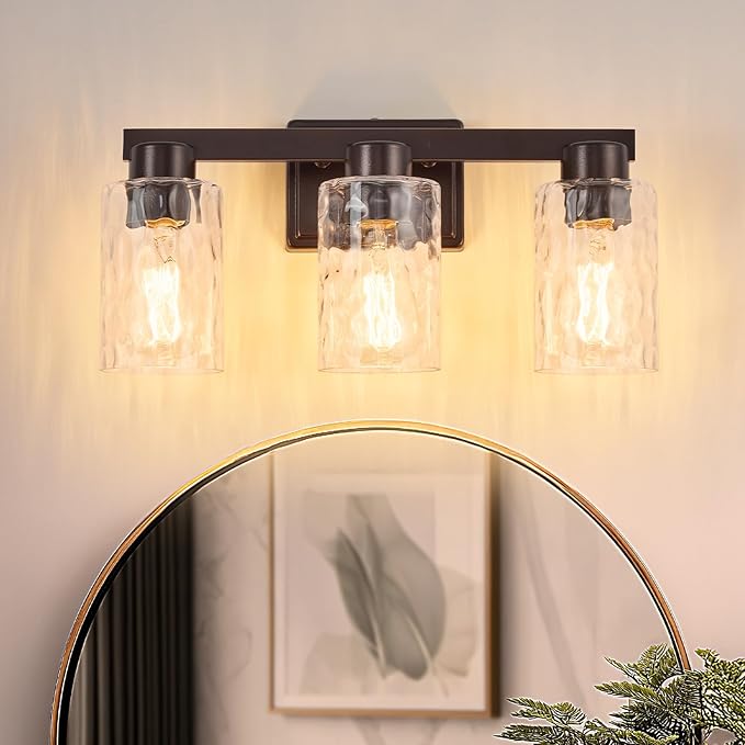 3-Light Bathroom Light Fixtures Modern Oil Rubbed Bronze Vanity Lights with Water Ripple Glass Wall Sconces Over Mirror for Bathroom, Powder Room, Living Room