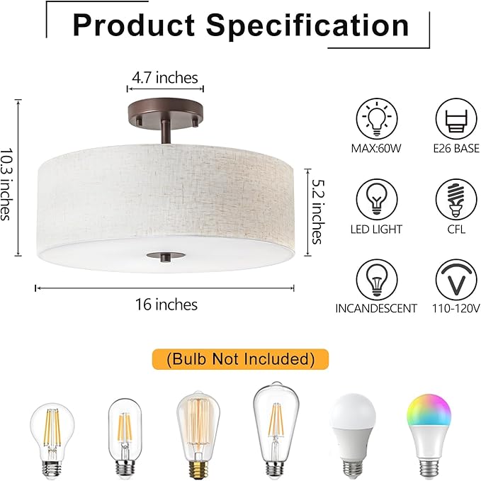 Bargeni Semi Flush Mount Ceiling Light Fixture,16 inch Drum Flush Mount Ceiling Light,Modern Light Fixtures Ceiling Mount with Oil Rubbed Bronze Finish,Semi Flush Ceiling Light for Bedroom,Living Room