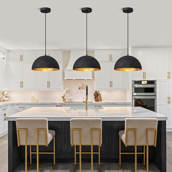11.8" Farmhouse Pendant Light,Black with Gold Grain Industrial Dome Chandelier 2 Pack,Adjustable Vintage Pendant Lights Kitchen Island for Dining Room,Bedroom,Hallway