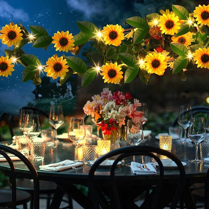 GOESWELL Artificial Sunflower Garland with String Light: 7.2ft Fake SilkFlowers Vines with Green Leaves and Remote Control -Hanging Garland Decor for Wall Party Wedding Table CenterPieces Decoration