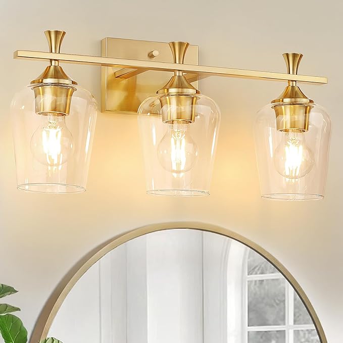 3 Light Bathroom Vanity Light - Gold Bathroom Lighting Fixtures Over Mirror, Modern Wall Sconces with Transparent Glass Lampshade for Bedroom Living Room Kitchen Cabinet Stair Hallway