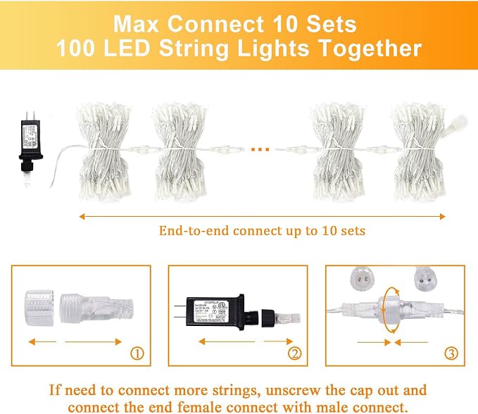 JMEXSUSS 2 Pack 100 LED Warm White Christmas Lights Indoor, Connectable 33ft String Lights Outdoor Waterproof, 8 Modes Clear Wire Christmas String Lights for Classroom Bedroom Party Tree Decorations