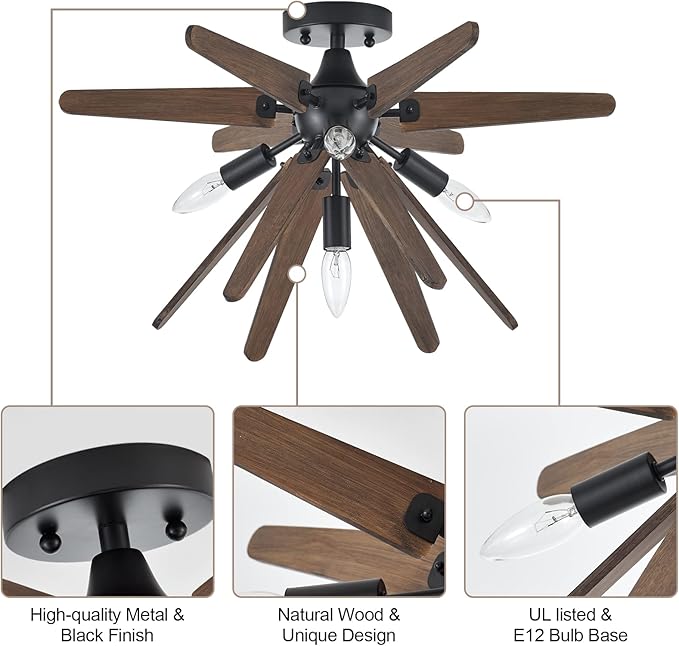 4-Light Sputnik Semi Flush Mount Light Black, Wood Hallway Lights, Farmhouse Light Fixture for Kitchen, Rustic Close to Ceiling Light Fixture for Entryway Laundry Nursery Bedroom