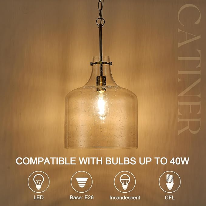 CATINER 12" Gold Glass Pendant Light, Seeded Bubble Shade Modern Farmhouse Hanging Light for Kitchen Island, Dining Room, E26 Dimmable Ceiling Fixture