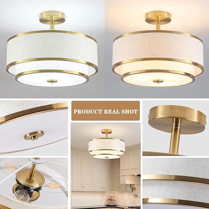 BUXVRCS Semi Flush Mount Ceiling Light Fixture, Modern Light Fixtures Ceiling Mount with Fabric Shade, 3-Light Double Drum Lighting Fixtures Close to Ceiling Light for Bedroom (Gold)