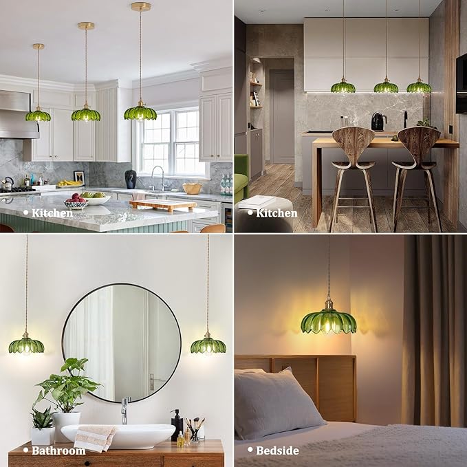 Shenmoyl Pendant Light with Green Scindapsus Glass Lmapshade, Brass Vintage Pendant Light Adjustable Hanging Light for Kitchen Island Dining Room Hallway