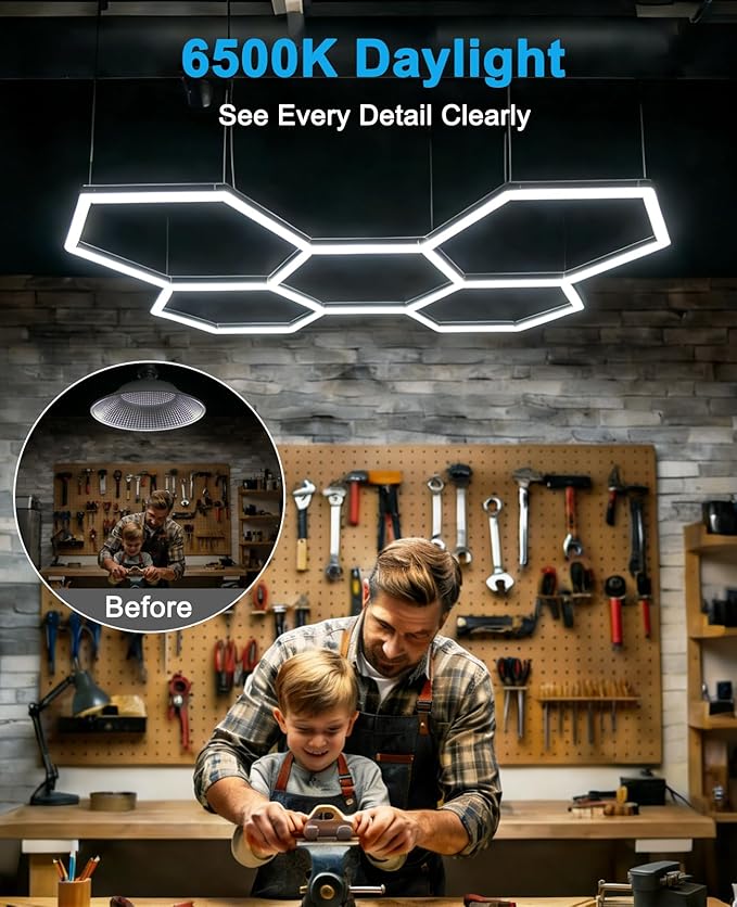 Hexagon led Lights: DIY Ceiling LED Gym Light Hexagon Garage Lights 16660LM Bigger Size for Basement Warehouse Workshop Barbershop Car Care Wash Room Auto Beauty Shop Exhibition Hall 3 Grids 6500K
