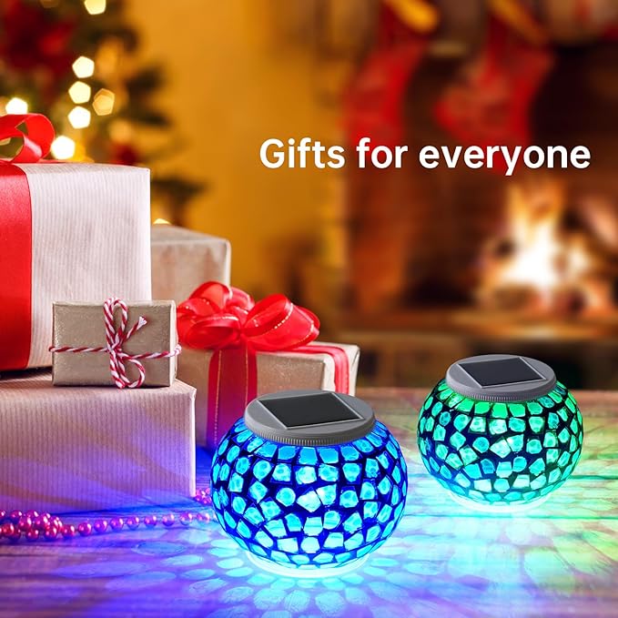 WSgift Color Changing Solar Powered Glass Mosaic Ball Led Garden Lights Rechargeable Outdoor Waterproof Solar Night Lights Table Lamps for Decorations Blue
