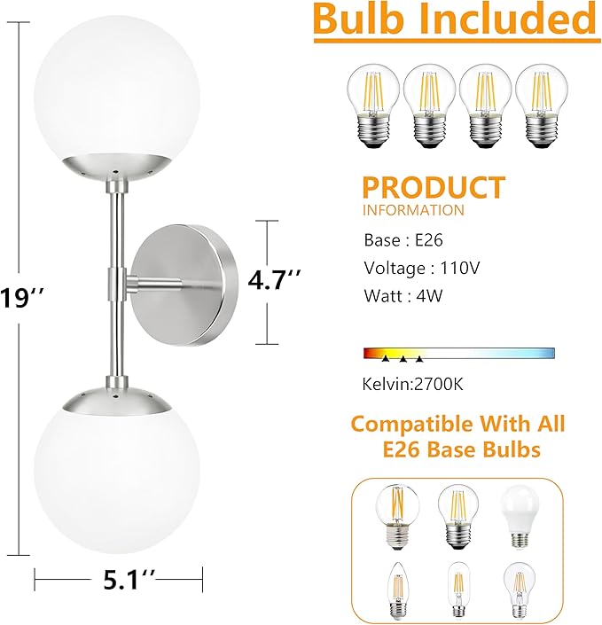 KoKo&Yukina Nickel 2 Light Vanity Light Fixtures Mid Century Modern Bathroom Vanity Light Globe Sconce with Milky White Glass for Bathroom Bedroom