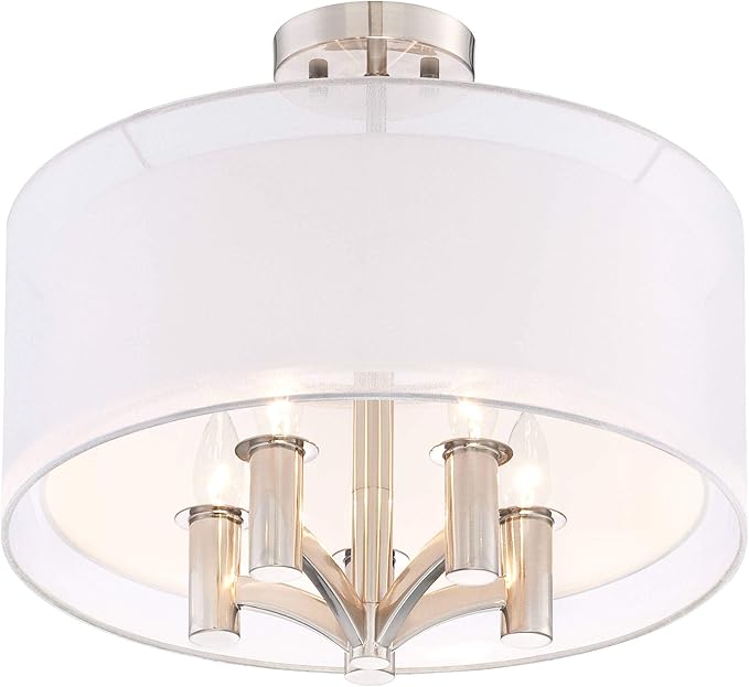 Possini Euro Design Caliari Modern Ceiling Light Semi Flush Mount Fixture Brushed Nickel 18" Wide 5-Light Sheer Silver White Linen Double Drum Shade for Bedroom Kitchen Living Room Hallway Bathroom