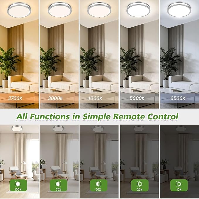 Flush Mount LED Ceiling Light Fixture with Remote: 13Inch 36W 3600lm Dimmable Modern LED Ceiling Lights, 2700K/3000K/4000K/5000K/6500K Adjustable Kitchen Lighting for Bathroom Bedroom Hallway, 1-Pack