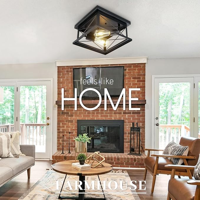 Hamilyeah Industrial Flush Mount Ceiling Light Fixture Black, Farmhouse Close to Ceiling Light Fixture for Bedroom, Living Room, Porch, Hallway, Outdoor, Kitchen Lights Ceiling Mount