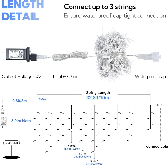 Hopolon 33FT 360 LED Blue White Christmas Icicle Lights,Waterproof Plug in | Outdoor icicle curtain lights with 60 drops, 8 modes, for Christmas, wedding, party, bedroom, garden, wall decor