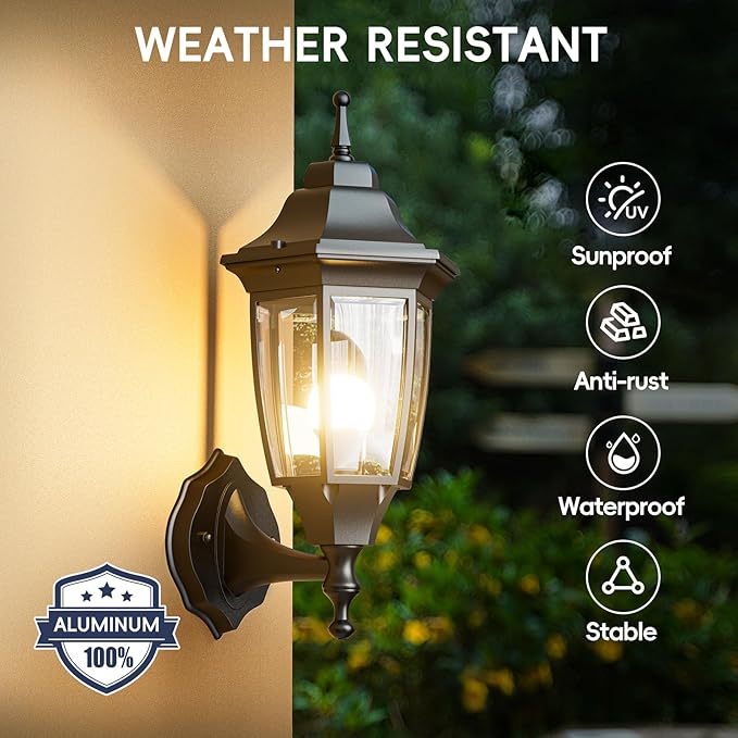 EMART Outdoor Front Porch Light, Exterior Anti-Corrosion, Waterproof Aluminum & Glass Shades Wall Lamp Fixture, Modern Sconce Lantern for Outside, House, Garage - 1 Pack, Black （Bulb Included）