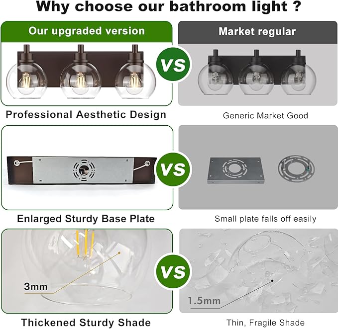 IZORRO Bathroom Light Fixtures, 3 Light Oil Rubbed Bronze Vanity Light, Modern Wall Sconces with Globe Clear Glass Shade, Vanity Lighting Fixtures Over Mirror,E26 Bulb Socket