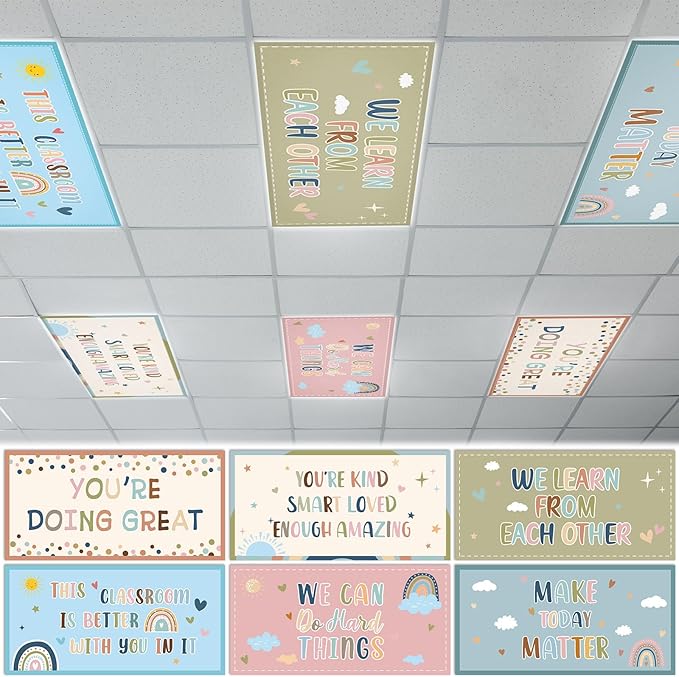 Wiooffen 6 Pcs Fluorescent Light Covers with 60 Magnets Decorative for Classroom Ceiling Light 4 x 2 Feet Magnetic Light Covers Filter Easy Install for Office Hospitals & Home (Boho Motivational)