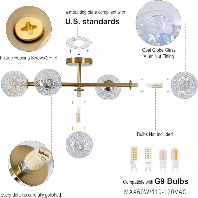 Gold Brass Globe Vanity Light - Vintage 5-Lights Wall Sconce - Sphere Round Lights Fixture with Stained Hammered Glass Shade - Mid Century Modern Sconces for Bathroom Bedroom Living Room Entry Porch