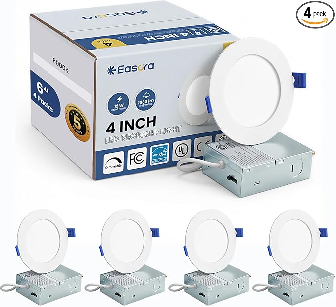 Recessed Lighting 4 Inch 4Packs, 6000K Anti-Glare LED Can Lights, 9W 750LM High Brightness Dimmable Recessed Lights, Easy-to-Install Wafer Light with Junction Box, ETL & FCC & IC