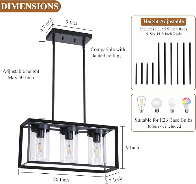 Black Rectangle Farmhouse Chandeliers, 3-Light Dining Room Light Fixture with Clear Glass Shades,Modern Metal Industrial Kitchen Island Lighting Fixtures Ceiling Hanging Pendant Lights