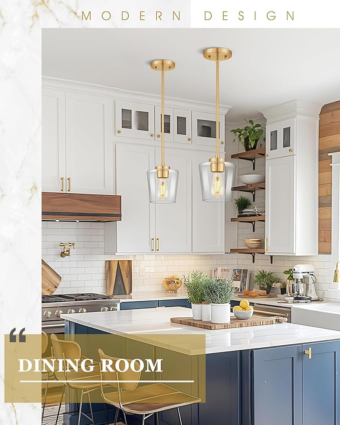 Pendant Lights Kitchen Island 2 Pack, 6" Brushed Gold Hanging Lights Fixtures with Clear Glass Shade, Modern Brass Kitchen Pendant Lighting Over Island for Dining Room, AD-22004-1P2-GD-C
