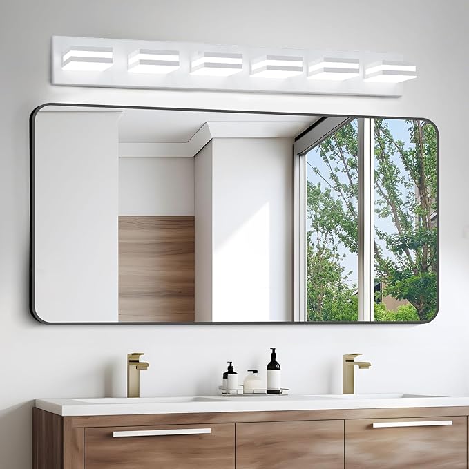 IZORRO LED Modern Bathroom Lights Fixtures(6-Light,Dimmable,360°Rotate),Matte White Acrylic Wall Lighting,Vanity Lights for Bathroom Over Mirror - 6000k 36In （No Assembly Required）
