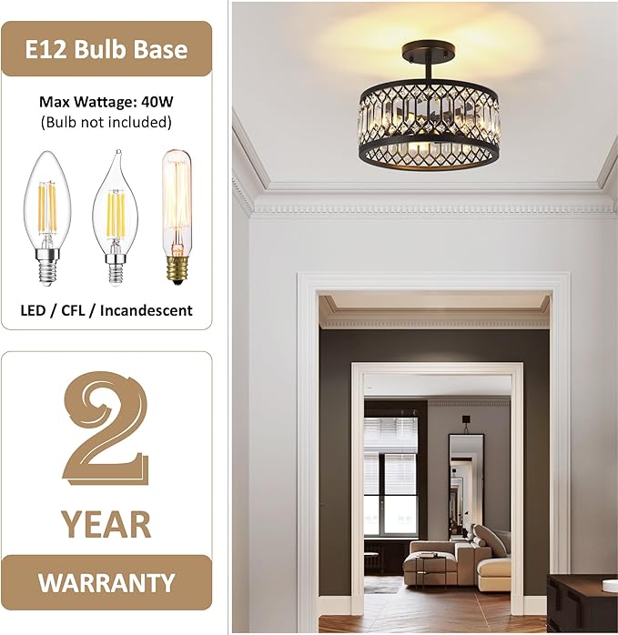 CNRATYE 12.6" Crystal Semi Flush Mount Ceiling Light Fixture, 3-Light Antique Black Hallway Light Fixtures, Round Chandelier for Bathroom Entryway Closet Bedroom Kitchen Dining Room
