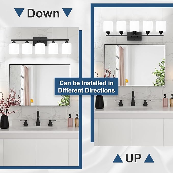 Black Bathroom Lighting Fixtures Over Mirror, 5-Light Anti-Rust Vanity Light for Bathroom, 28.34Inches Modern Wall Sconce, Standard E26 Base, Milky White Glass Shades, Bulbs Not Included