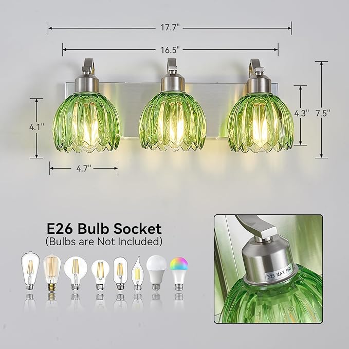 3-Light Vanity Lights with Green Tulip Glass Shade, Brushed Nickel Bathroom Lighting Fixture Over Mirror, Vintage Vanity Wall Sconce Lamp for Kitchen Living Room Hallway