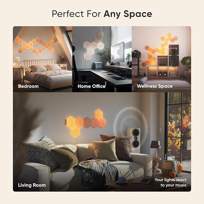 Nanoleaf Elements Wood Look Smart Wall Lights, Hexagon LED Wall Lights Work with Alexa Google Assistant, Home Wall Decor for Living Room with Music Sync, Ambient White 1500-4000K, Expansion 3 Panel