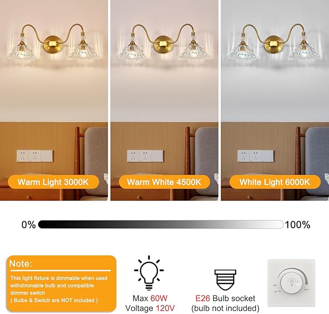 Gold Bathroom Vanity Light Fixtures 2 Lights Vanity Lights for Bathroom with Floral Crystal Glass Shade Modern Wall Lighting Fixtures Over Mirror(Exclude E26 Bulb)