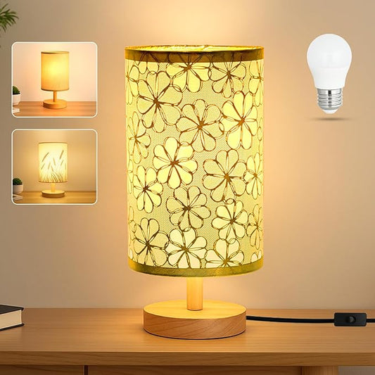 Desk Lamp LED Bulb Included, Small Bedside Table Lamp Plug-in - Classic Wood Base with Flaxen Fabric Shade, Lamps for Night Stands, Simple Nightstand Light for Bedroom, Office, Desk