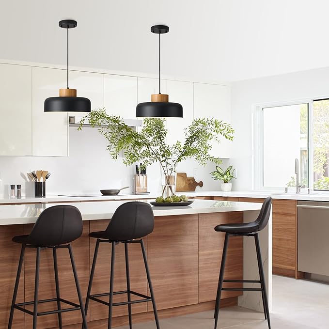 Modern Farmhouse Pendant Lights, 12.6 inch,Natural Wood Cap, Small Simple Ceiling Light Fixture for Kitchen Island, Dining Area, Matte Black