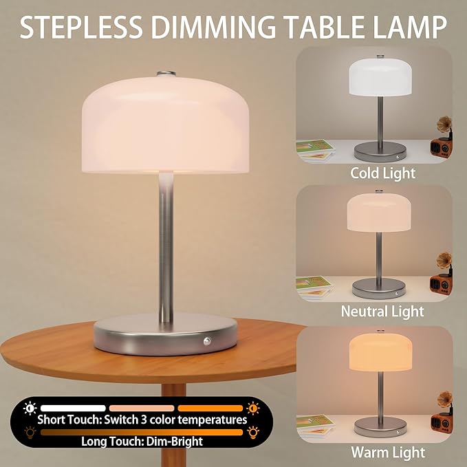 Small Portable Cordless Table Lamp, 3-Way Dimmable Touch Rechargeable Battery Powered Mushroom Lamp Bedroom Dining Table Living Room Shelf Decor,Gold