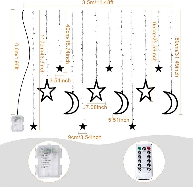 Fussion Star and Moon Ramadan Lights 11.48ft, 138 LEDs Ramadan Curtain String Lights Decorations for Home with Remote, 8 Modes, Battery Operated Fairy Lights Window Lights for Indoor Outdoor Holiday