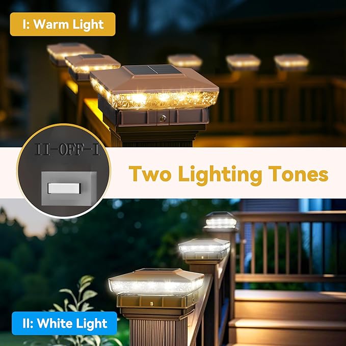 Solar Post Cap Lights, 6-Pack Upgraded Outdoor Deck Fence Post Solar Lights for 4x4 5x5 Wood/Vinyl Posts, IP65 Waterproof, 10-12 Hours Warm/Cool White Glow for Garden/Patio/Porch - Brown