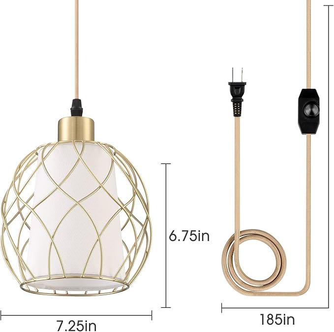 Cinkeda Plug-in Pendant Light, Hanging Lamp with Linen Shade, 15ft Golden Cotton Cord, Plug-in Light Fixture for Bedroom (Bulb Included)