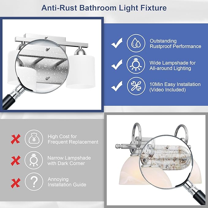 Bathroom Lighting Fixtures Over Mirror Brushed Nickel, Anti-Rust 2-Light Bathroom Vanity Lights, Modern 18Inches Wall Sconces E26 Base, Milky White Glass Shades, Bulbs Not Included