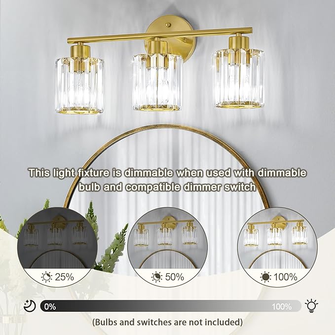 Crystal Bathroom Light Fixtures, Bathroom Lighting Fixtures Over Mirror, Modern 3-Light Gold Vanity Lights for Mirror, Restroom, Kitchen(Ceramic E26 Socket,Bulbs Not Include)