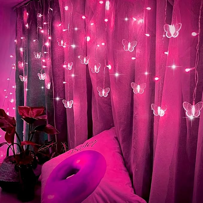 Lainin 12ft/3.5M USB Powered 8 Modes Butterfly Curtain Night Light Strip Icicle Fairy String Light, Perfect for Room Garden Wall Christmas Wedding Indoor/Outdoor Party Decoration (Pink)