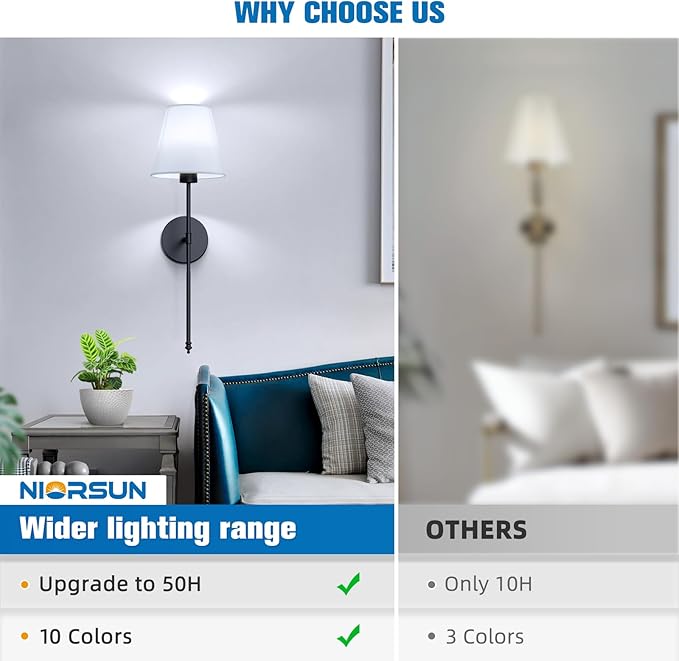 NIORSUN Battery Operated Wall Sconce Set of Two, Black Rechargeable Wall Sconces with Dimmable Detachable Bulbs and Remote, Wireless Wall Lights for Bedroom Living Room Hallway Home Decor